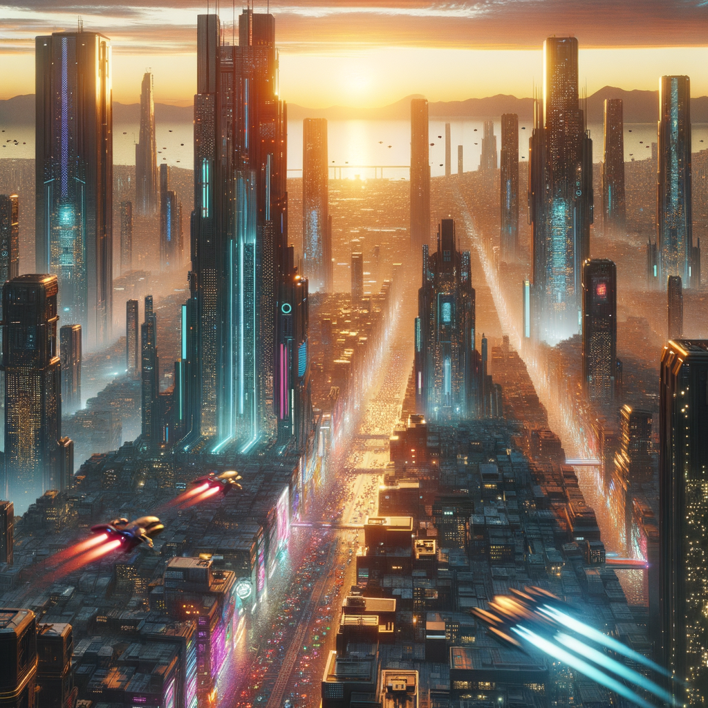 "A futuristic cyberpunk cityscape at sunset with neon lights, flying cars, and towering skyscrapers, cinematic lighting, highly detailed, 4k"
