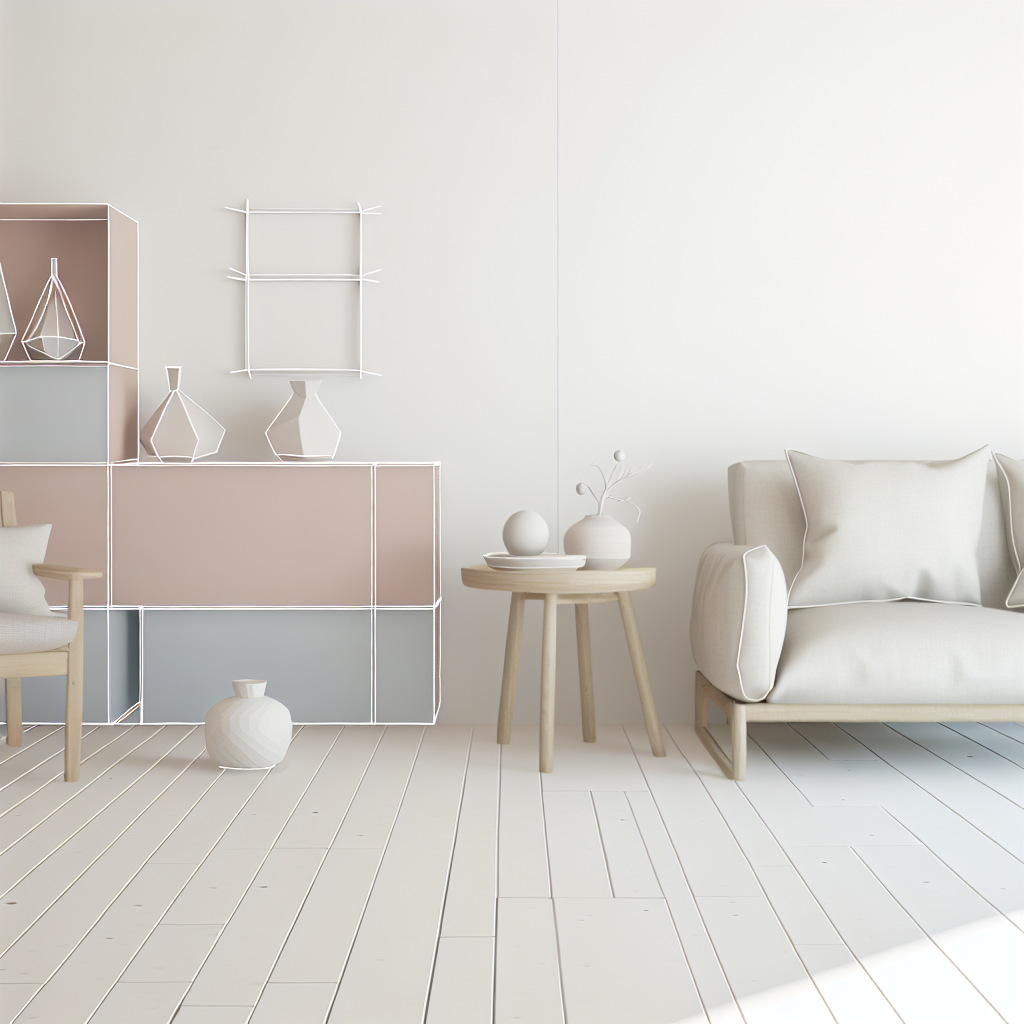 "Modern minimalist furniture design with clean lines, soft pastel colors, geometric shapes, Scandinavian style, simple and elegant composition"